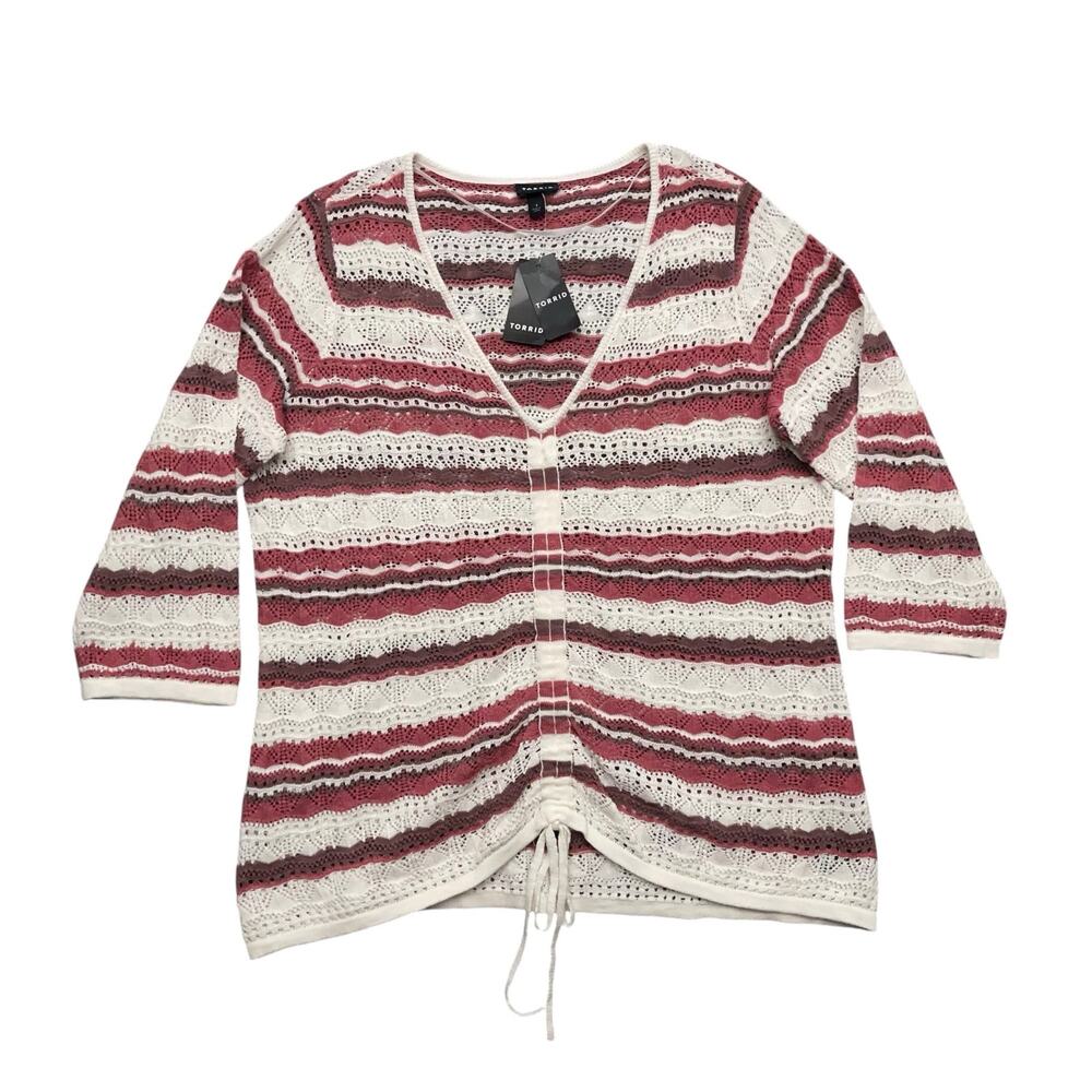 Torrid Open Stitch Pullover V Neck Cinched Front Sweater 1X Pink Stripe Resort